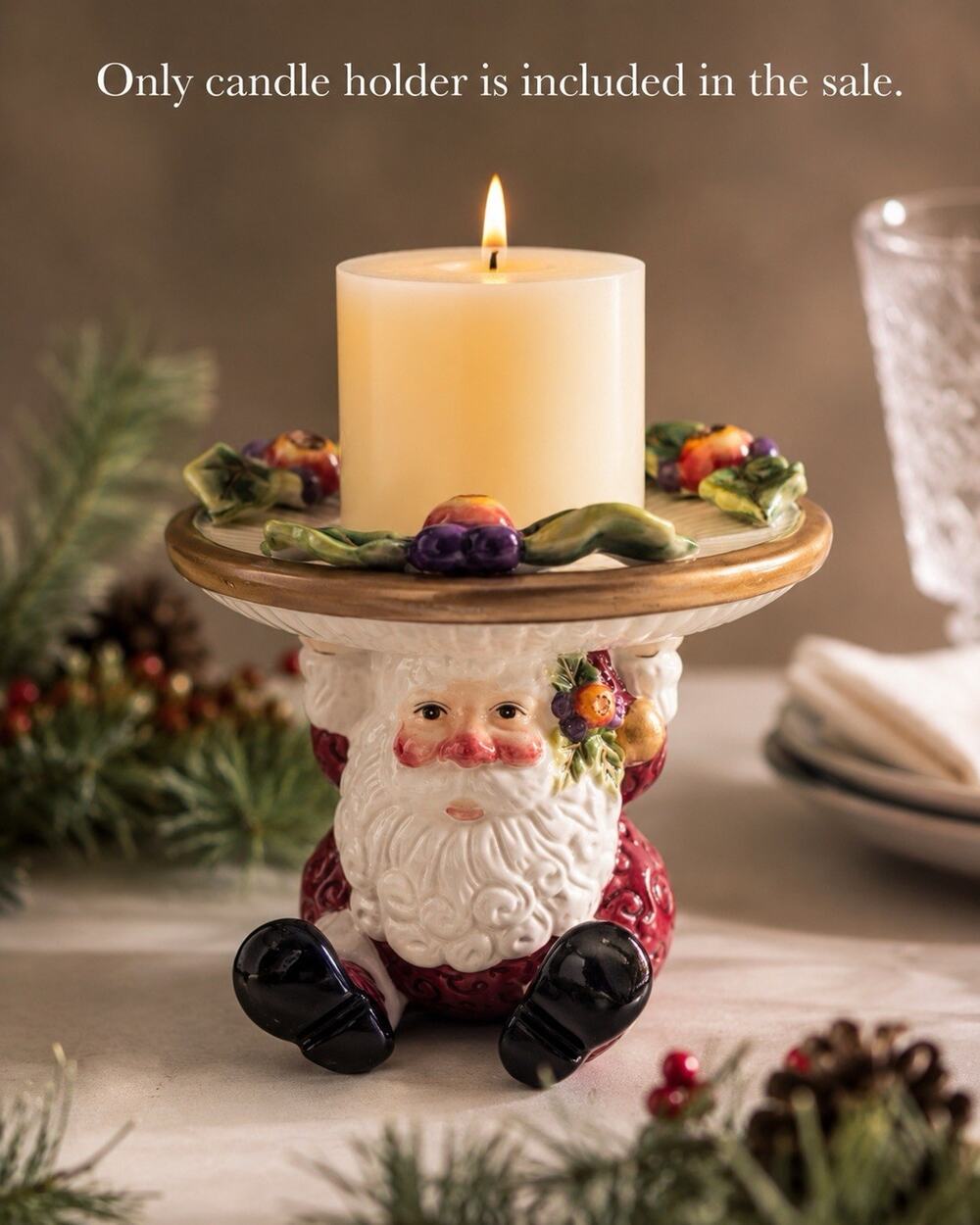 FITZ AND FLOYD Christmas Santa Pillar Candle Holder Candy Dish Ceramic